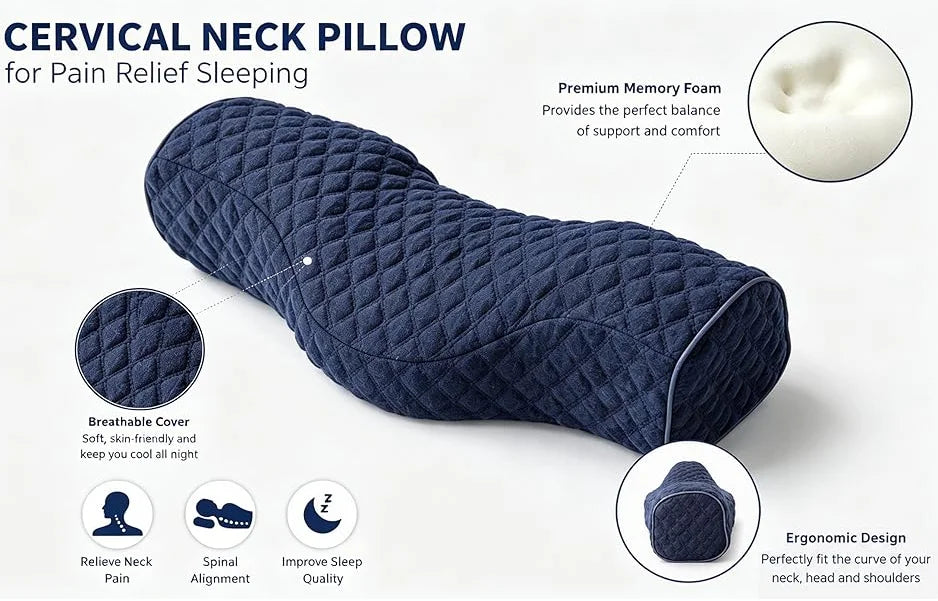 Cuscino Cervicale Memory Foam Ergonomico Ortopedico per Dormire di Fianco Contorno Collo e Testa Cuscini da Letto