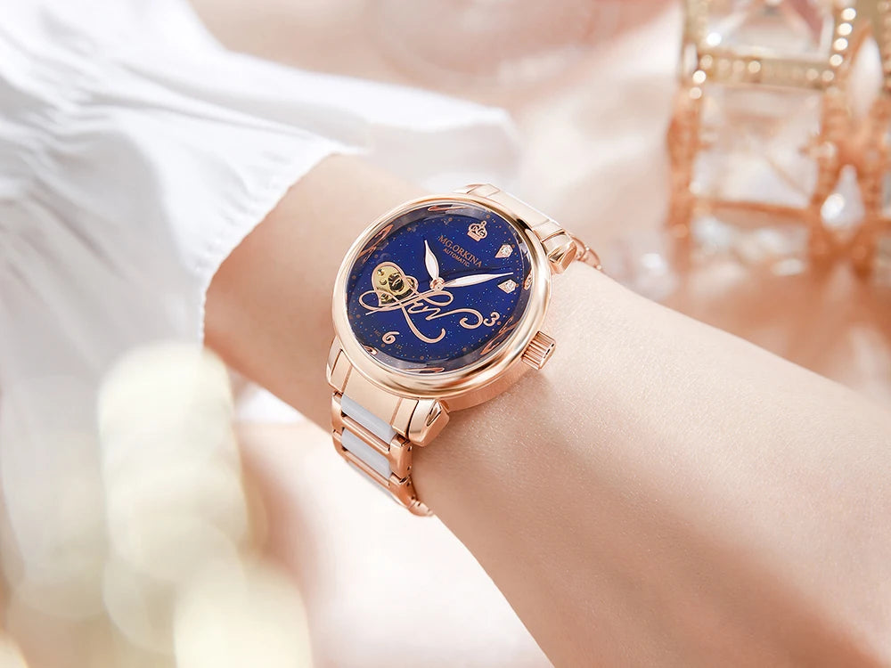 Orologio Meccanico Automatico Da Donna Orkina Classico Scheletrato Lusso Cinturino In Acciaio Inossidabile E Pelle