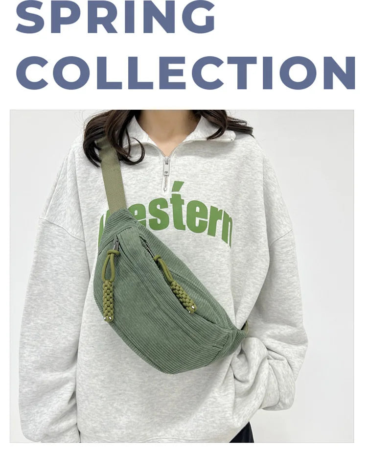 Marsupio da Donna in Velluto a Coste di Grande Capacità Borsa da Petto Stile Street Borsa a Tracolla Cintura Casual