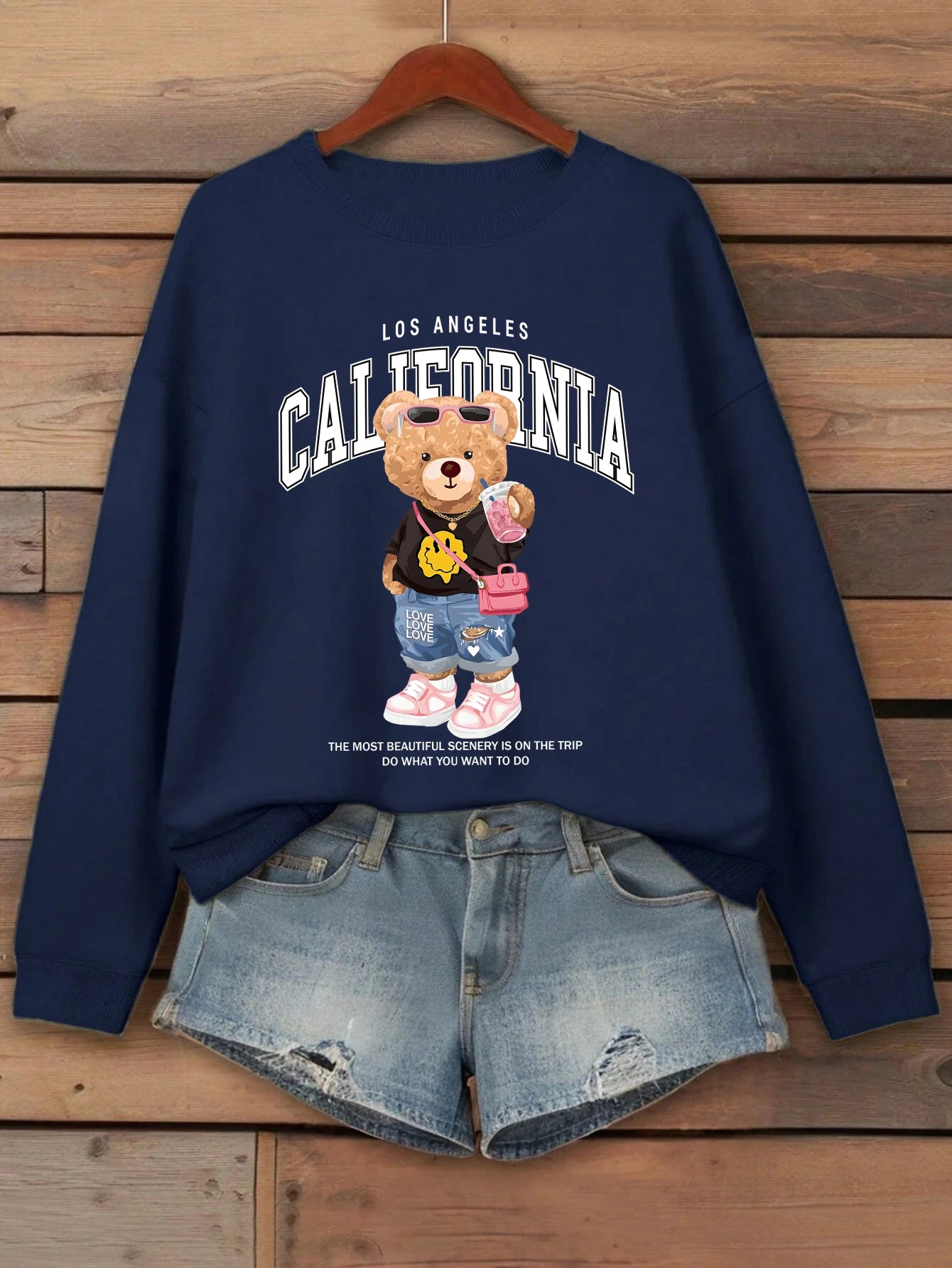 Orsetto Bere Tè Al Latte Stampato Pullover Da Donna Con Collo A O Felpa In Pile Streetwear Autunno