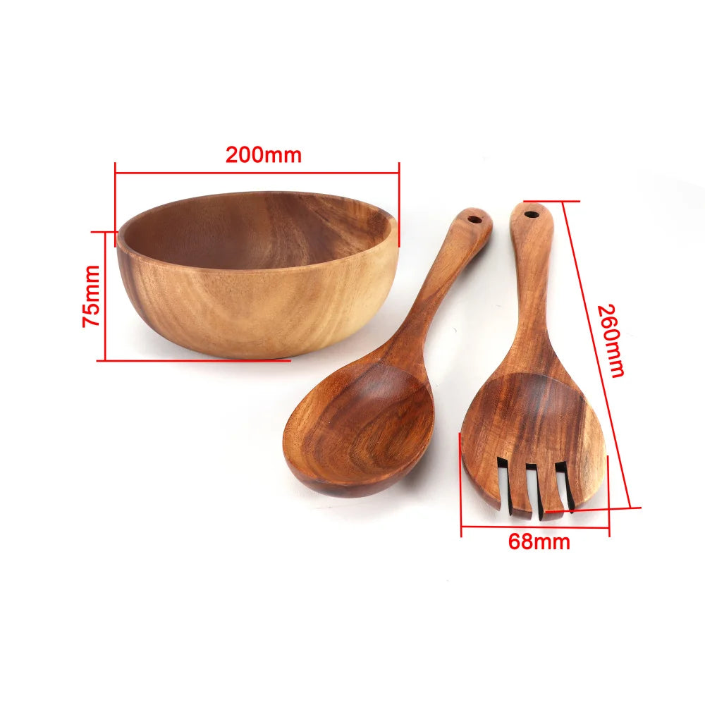 Jaswehome Set Tre Pezzi Ciotole In Legno Di Acacia Naturale Con Cucchiaio E Forchetta Per Servire
