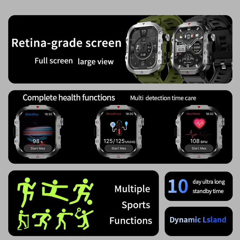 LAXASFIT Orologio Militare Da Uomo Smartwatch Con Schermo Touch HD Da 2.01 Pollici Chiamata Vocale Bluetooth