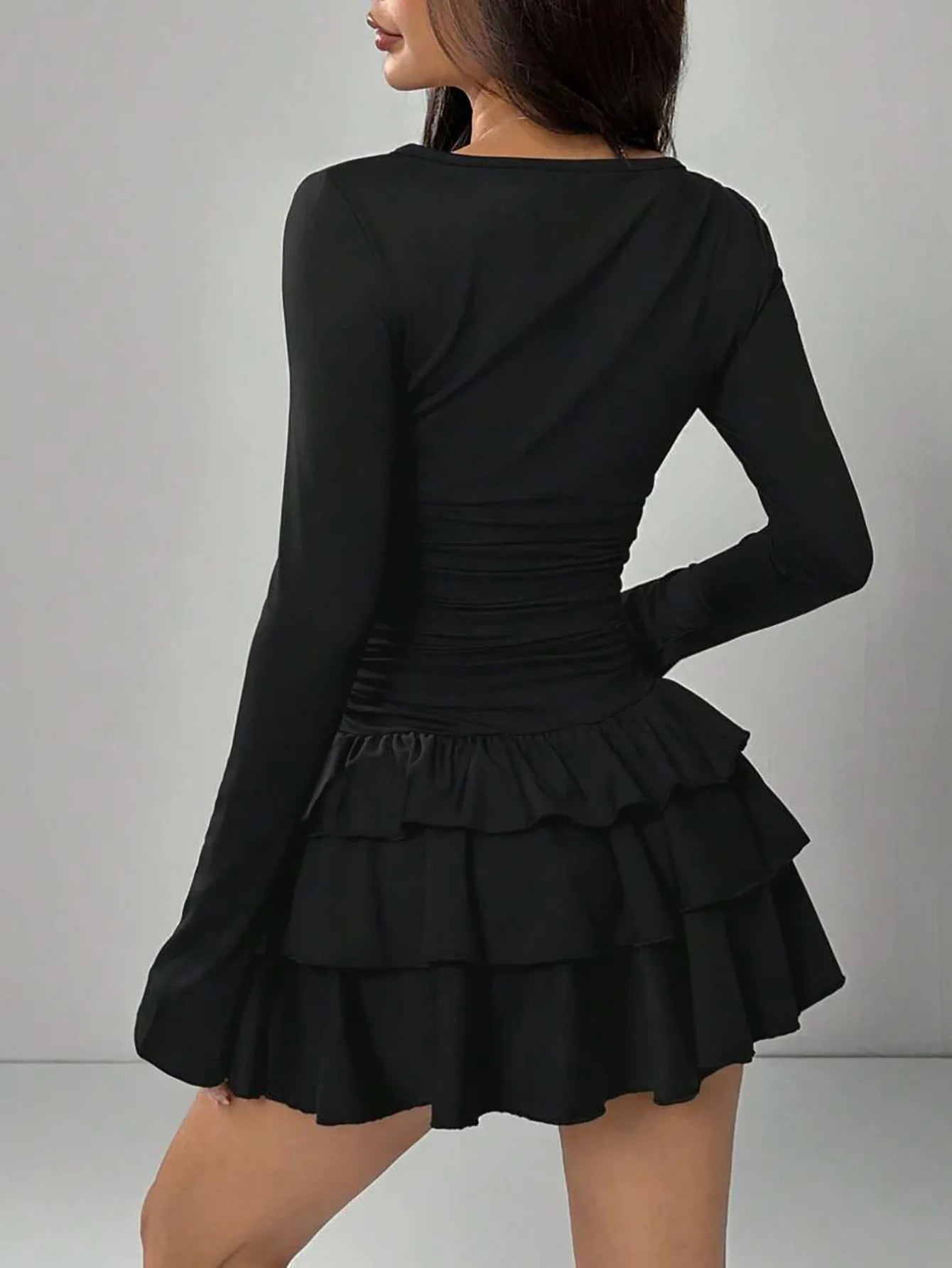 Abito Da Donna Slim Fit Autunno Inverno Midi Vita Alta Empire Tinta Unita Con Increspature E Maniche Svasate