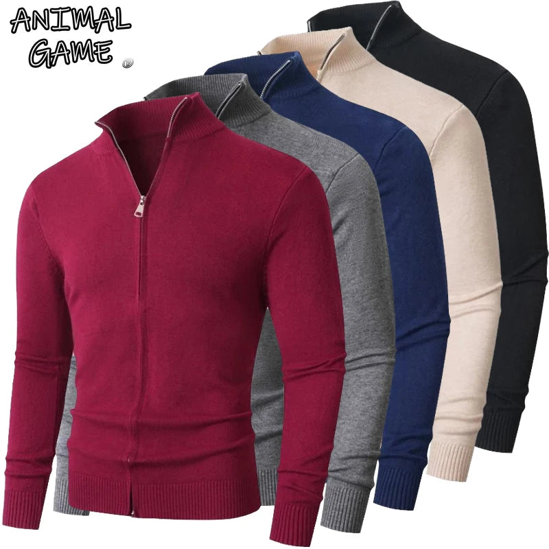 Cardigan Uomo Lana Mista Con Zip Frontale Dolcevita Animal Game Pratico E Caldo