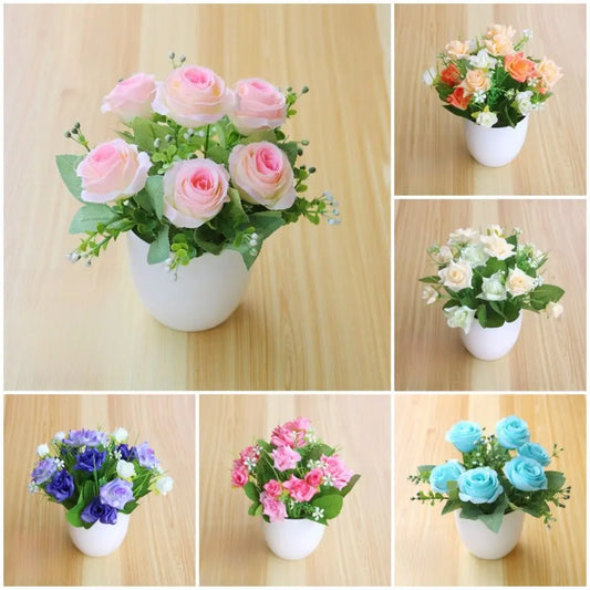 Rosa Artificiale In Vaso Plastica Multicolore Piante Finte Ornamentali Per Interni Ed Esterni Decorazione Giardino