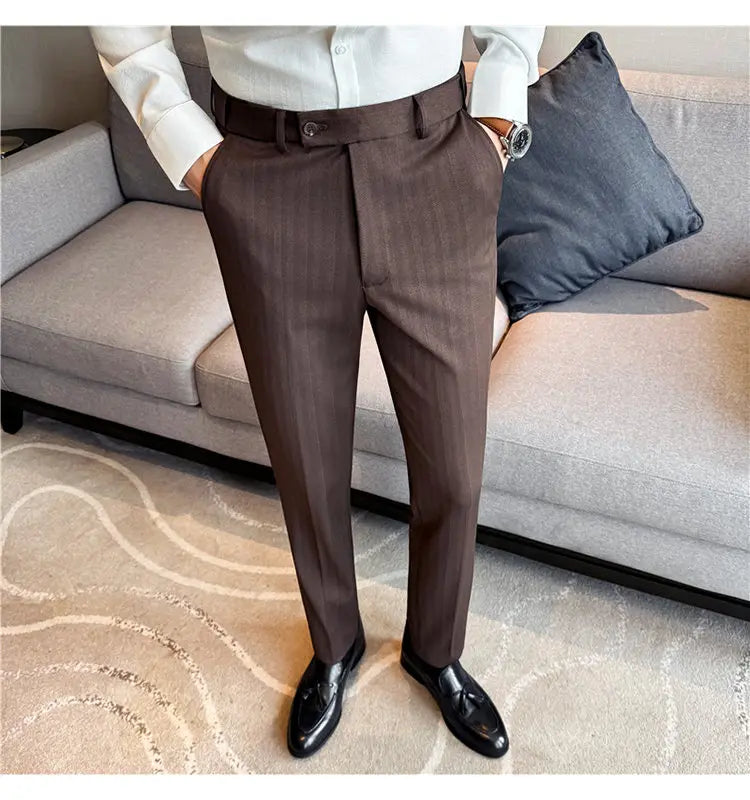Pantaloni Da Abito Inverno In Lana Spessa Con Vita Elastica Gessati E Tinta Unita Per Uomo