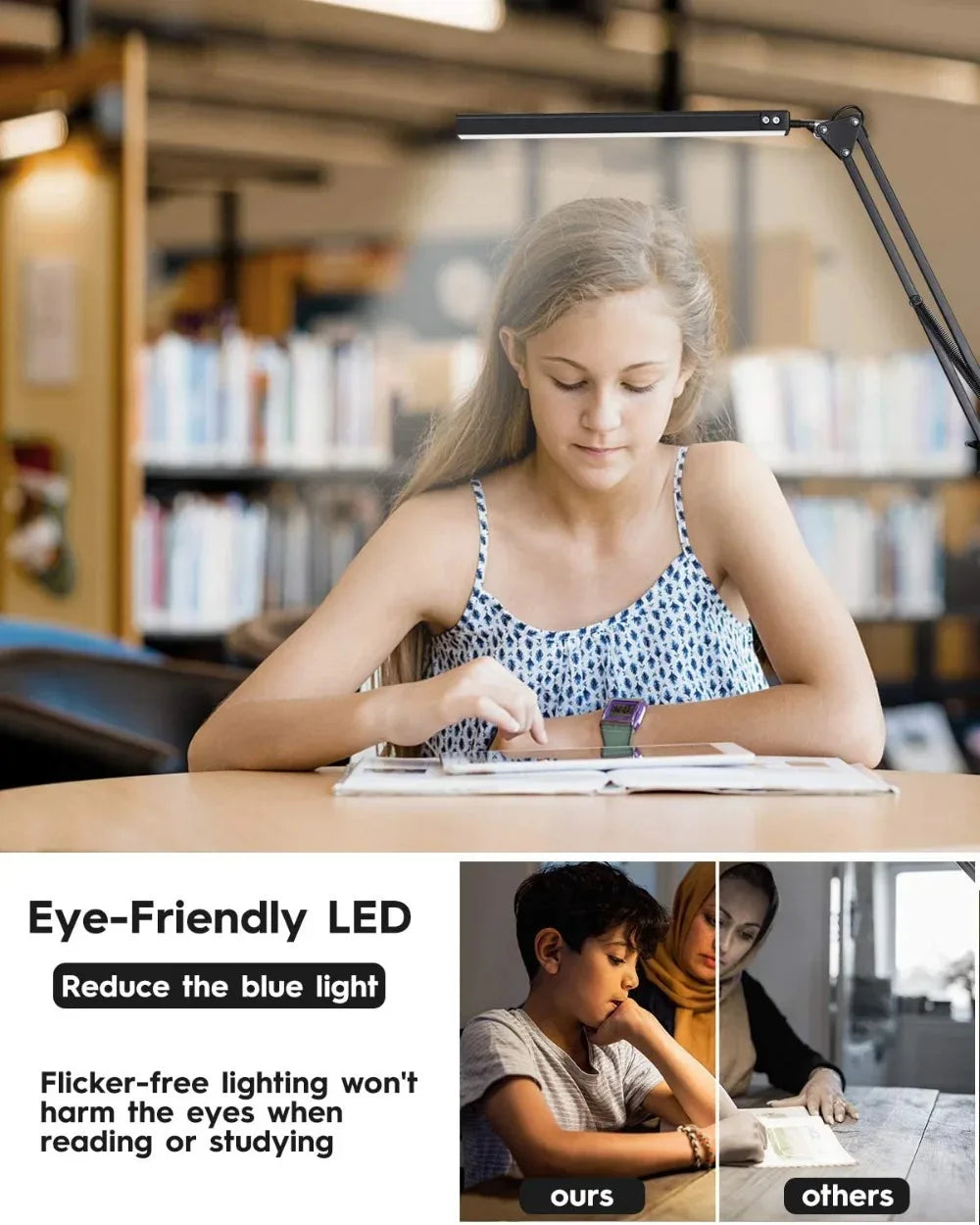 Lampada Da Scrivania Pieghevole A LED In Metallo Con Clip E Braccio Lungo Dimmerabile Tre Colori Regolabili Per Computer