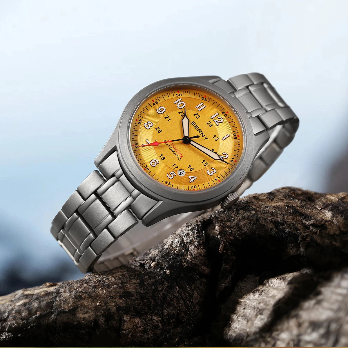 BERNY Orologio Da Campo Da Uomo Automatico In Titanio Con Vetro Zaffiro Luminoso Calendario 10ATM Impermeabile Da Pilota