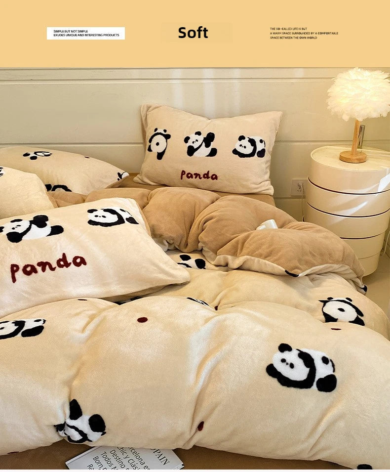 Set Biancheria Da Letto 4 Pezzi In Pile Latte Stampato Invernale Duvet Copripiumino Stile Semplice Accogliente GSM 130