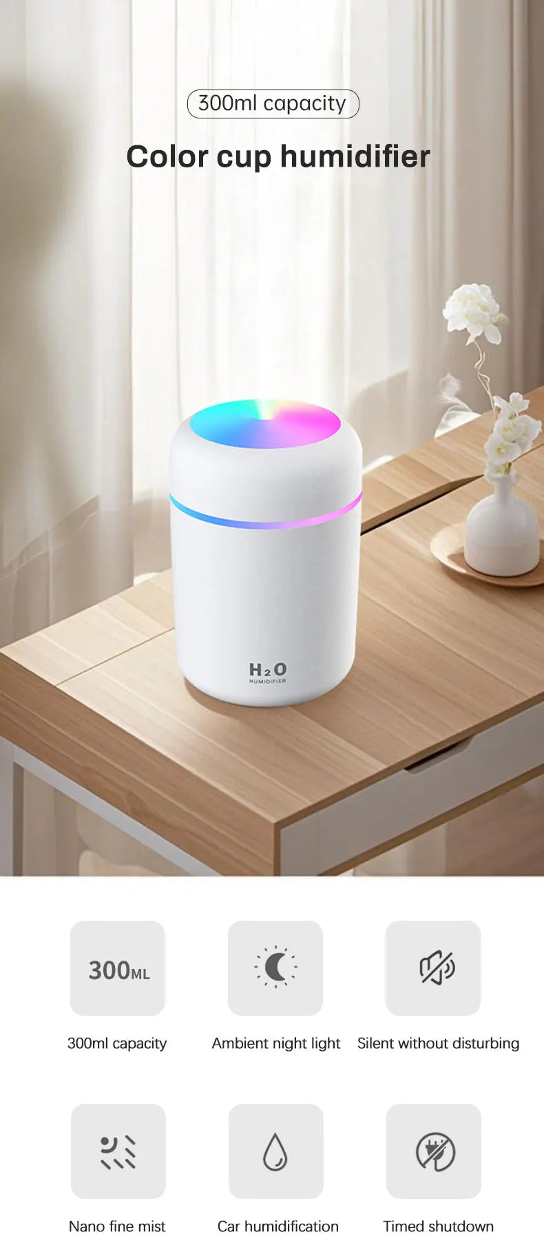 Diffusore Aromaterapia Umidificatore Purificatore D'Aria 300ml Luce a Sette Colori Olio Essenziale per Uso Domestico