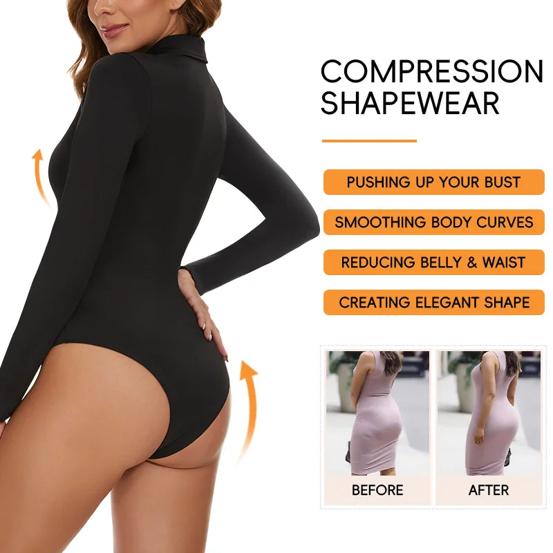 Body sexy da donna a maniche lunghe Colletto rovesciato Scollo a V Shapewear Camicia per il controllo della pancia Camicia per il sollevamento del sedere Compressione senza cuciture