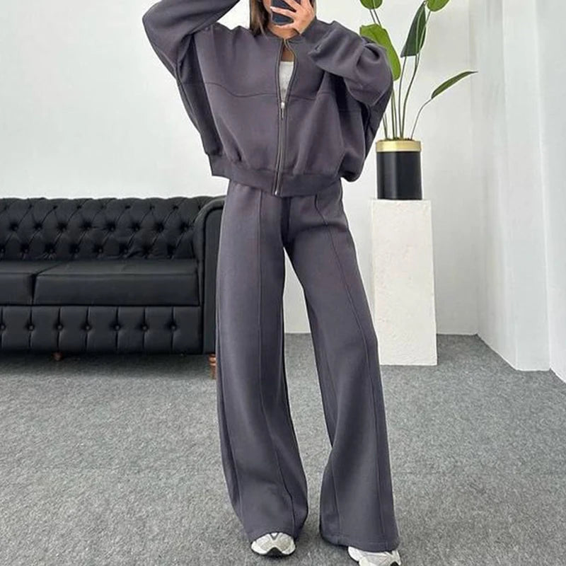 Set Di Tute Da Donna Casual Cardigan Corto Allentato Con Cerniera E Pantaloni Sportivi Con Coulisse Streetwear