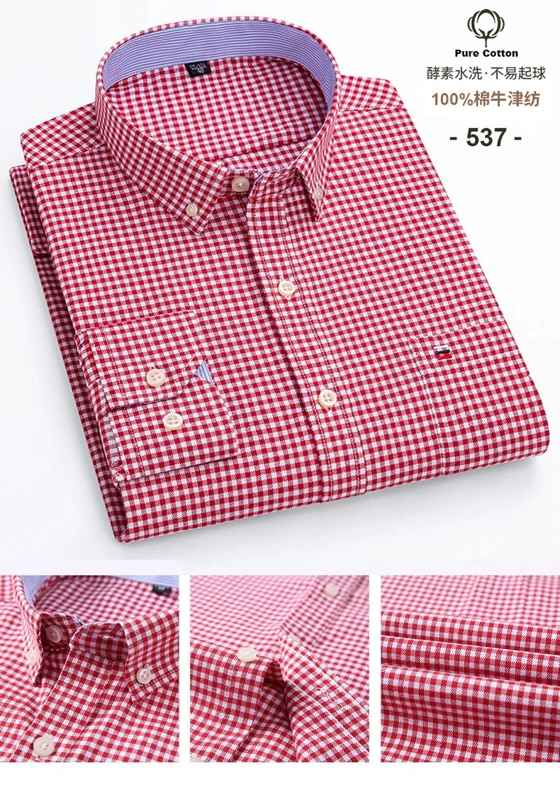 Camicia Da Uomo In Cotone Oxford A Quadri Maniche Lunghe Vestibilità Regolare Con Tasca Frontale