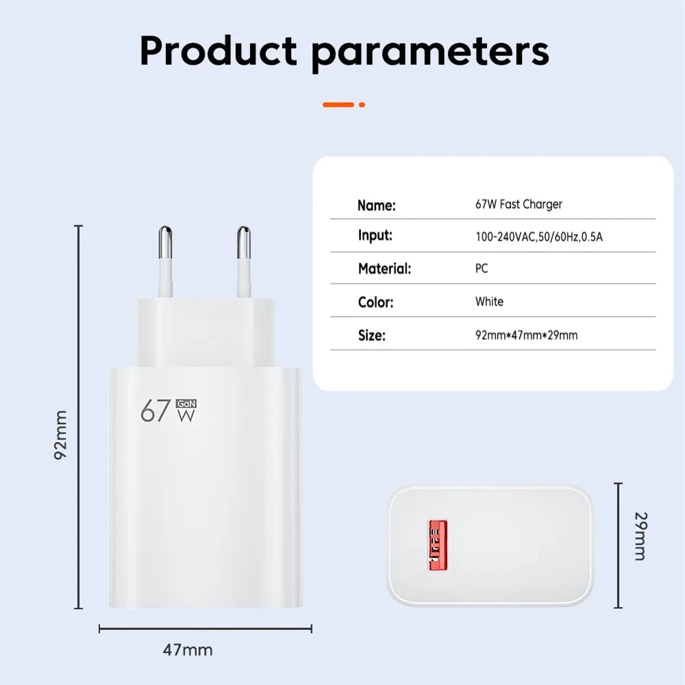 Caricabatterie USB 67W Per Xiaomi 14 13 12 11 Mi Poco Redmi Note 10 9 Pro 6A Adattatore Muro Cavo USB C Ricarica Turbo