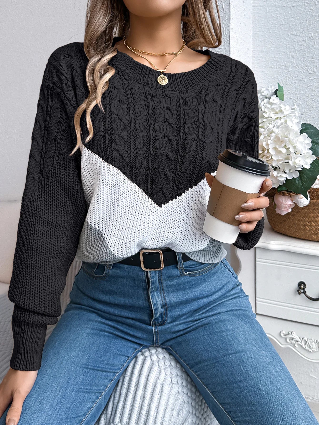 Pullover Lavorato A Maglia Autunno Inverno Color Block Manica Lanterna Collo A O Jersey Donna Elegante