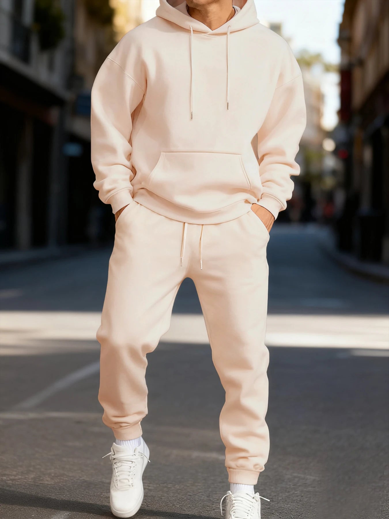 Felpa Con Cappuccio Da Uomo Set Invernale Due Pezzi Tinta Unita Abbigliamento Da Strada Sportivo Casual