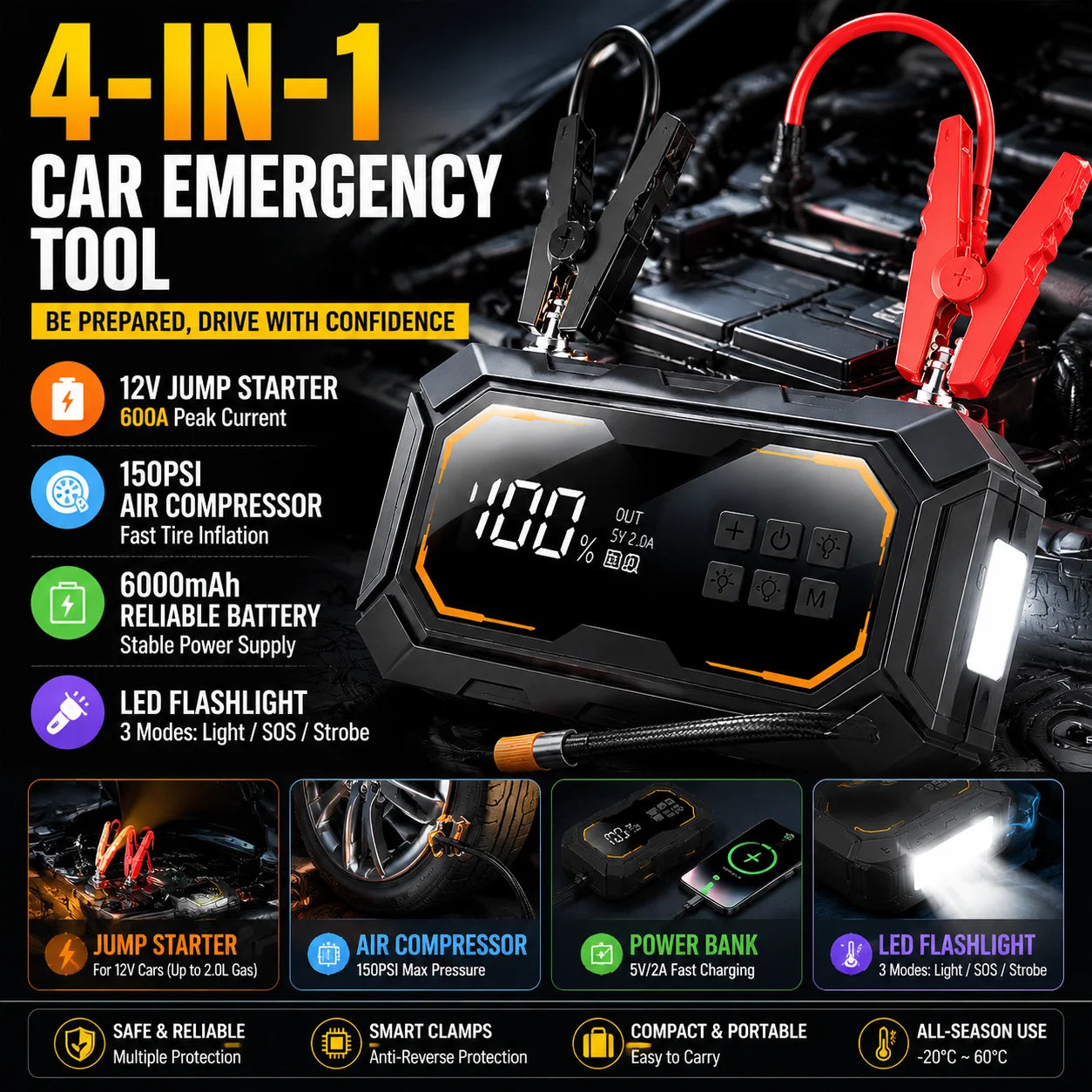 Avviatore Emergenza 4 In 1 Auto Con Compressore 150 PSI Gonfiatore Pneumatici Power Bank 12V Torcia LED 6000mAh
