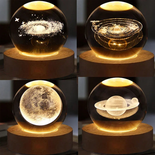 Luci notturne con sfera di cristallo lunare 3D Glowing Planet Galaxy Astronauta Sistema solare Intaglio laser Illuminazione con sfera di cristallo Regalo di compleanno