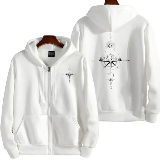 Felpa con Cappuccio Zip Stampa Bussola Vintage Uomo Sportiva Casual Invernale Abbigliamento Uomo