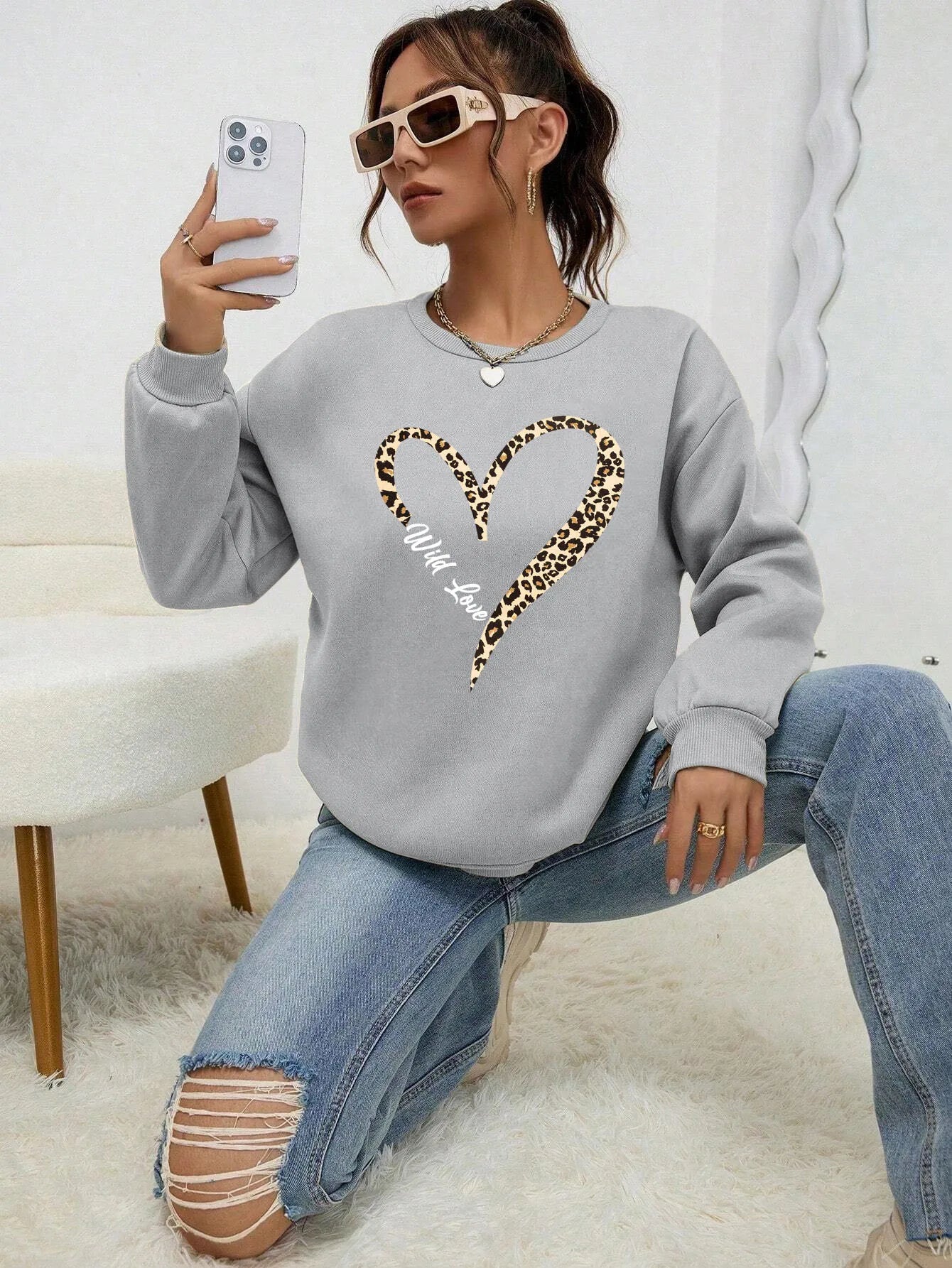 Felpa Da Donna Con Stampa Cuore Leopardato Selvaggio Fodera In Pelliccia Girocollo All Match Abbigliamento Hipster