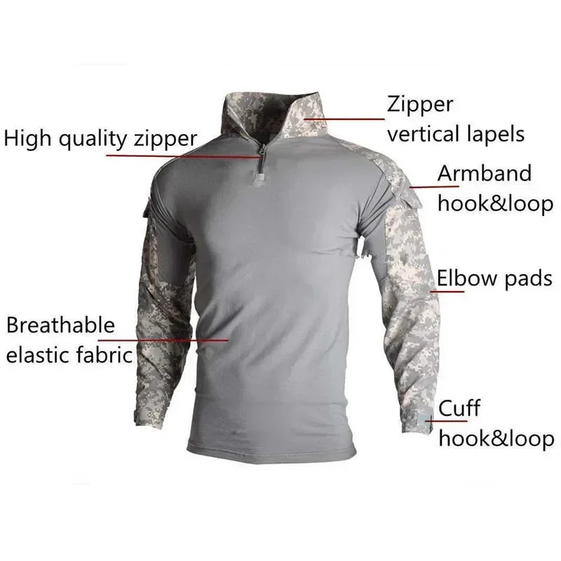 Camicie Tattiche Esterno A Maniche Lunghe Con Cerniera Quarter Zip Ripstop Cotone Resistente Camouflage Per Airsoft Uomo