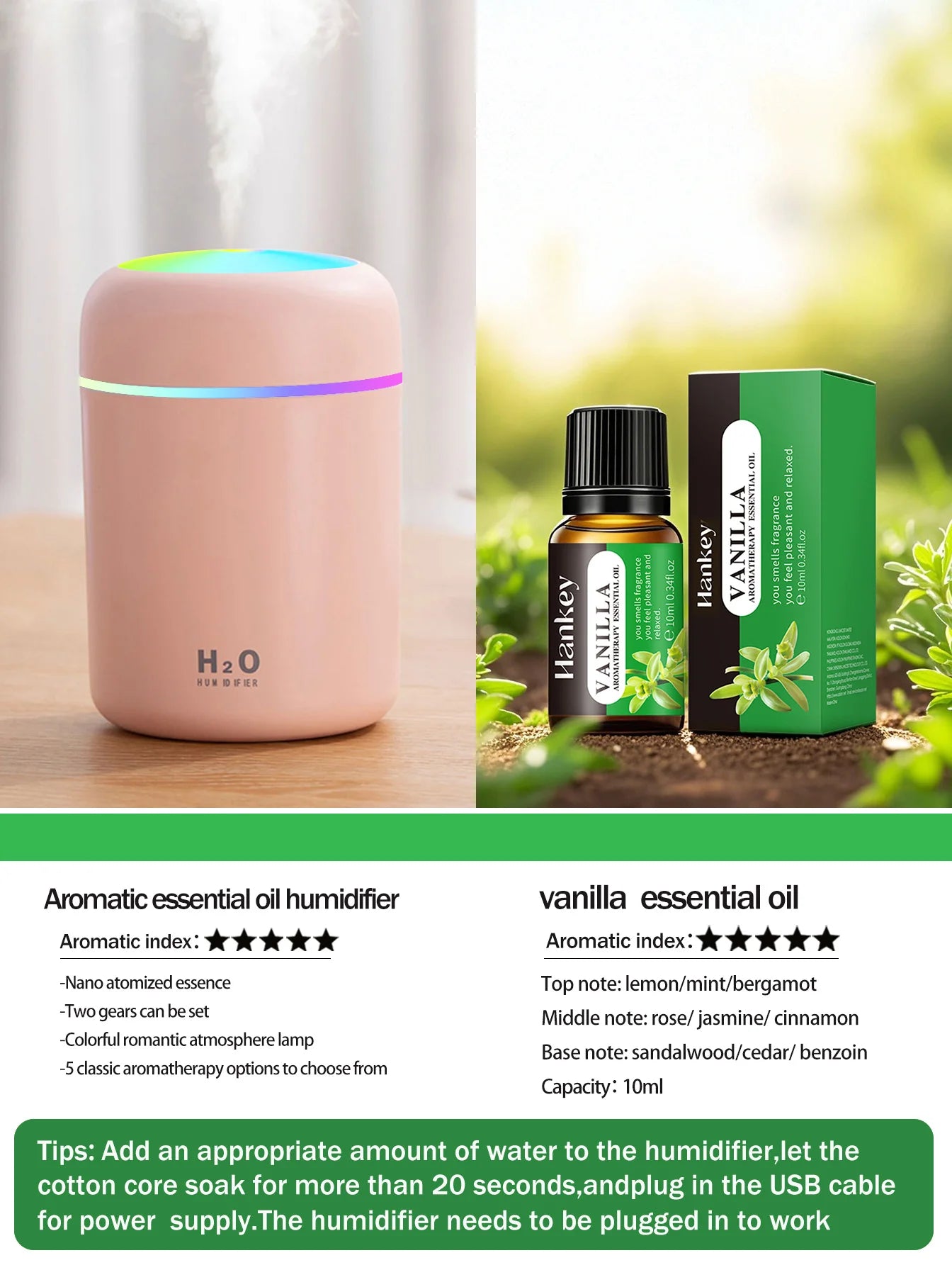 Diffusore Aromaterapia Umidificatore Purificatore D'Aria 300ml Luce a Sette Colori Olio Essenziale per Uso Domestico