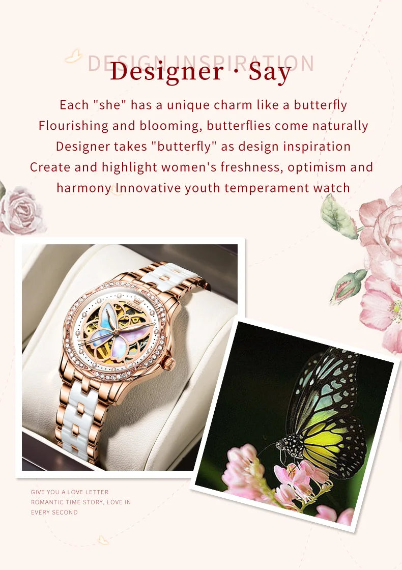 OLEVS Orologio Da Donna Meccanico Automatico In Ceramica Lunetta Originale Impermeabile Luminoso Quadrante A Farfalla