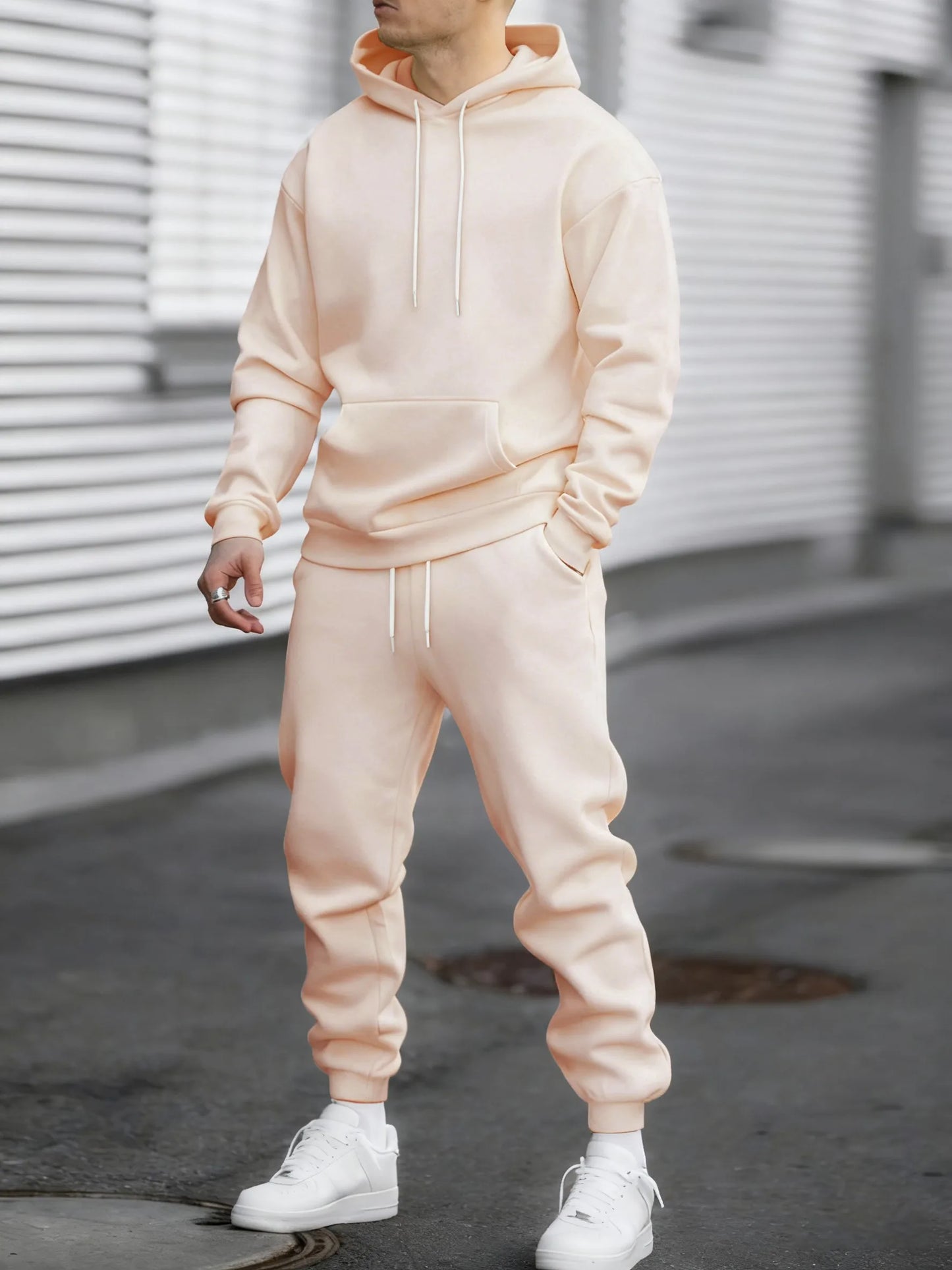 Jogging Solido Nuovo Da Uomo Streetwear All Match Felpa Con Cappuccio Pantaloni Sportivi In Pile Abiti Larghi Autunno