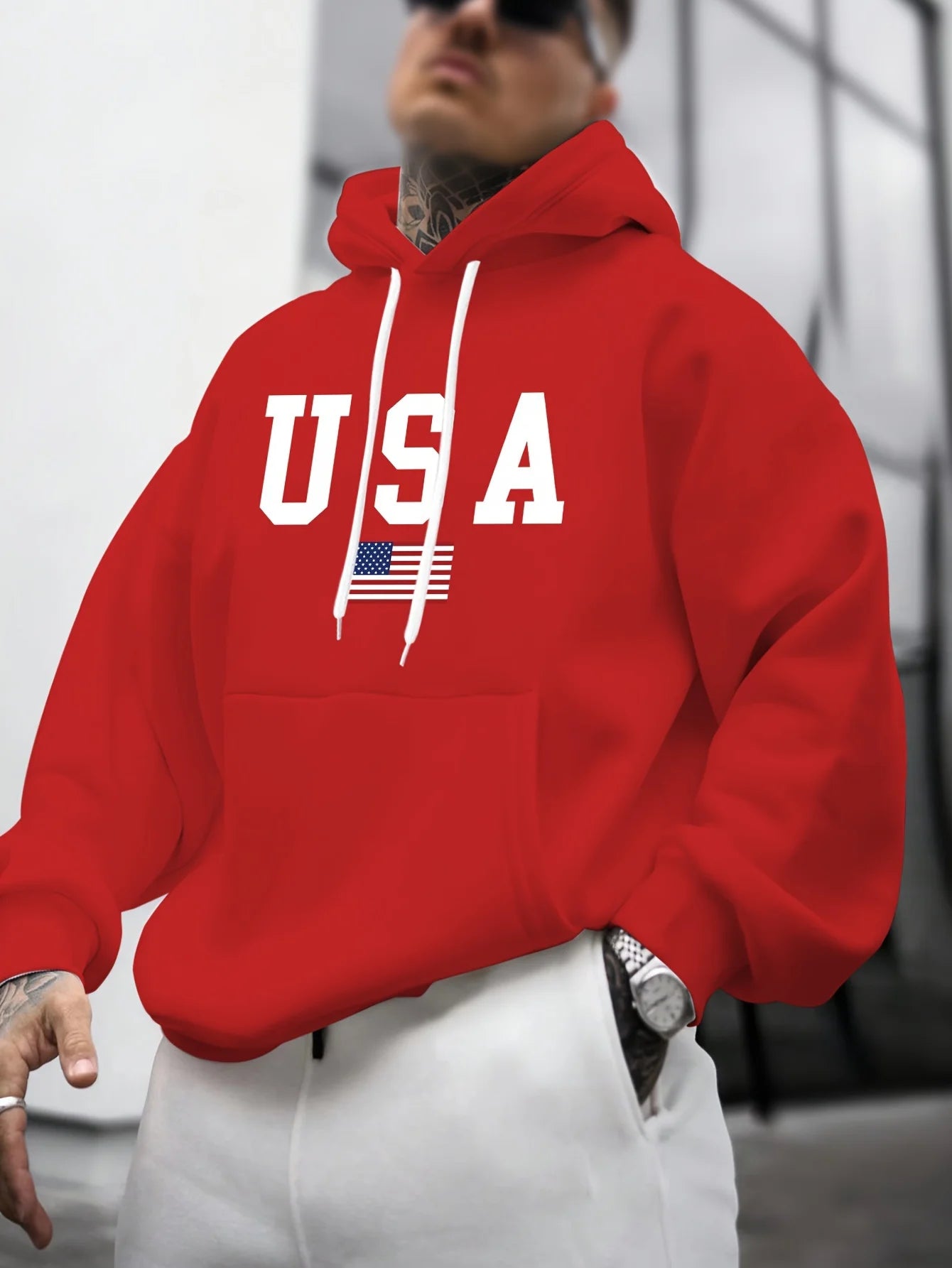 Felpa Con Cappuccio Da Uomo A Maniche Lunghe Con Stampa Grafica Bandiera Americana Allentata Caldo Autunno Inverno