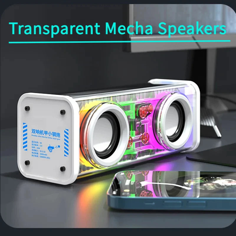 V8 Altoparlanti Mecha Trasparenti Bluetooth 5.0 Mini Wireless Con Diaframma A Doppio Subwoofer Per Festa RGB Light TWS