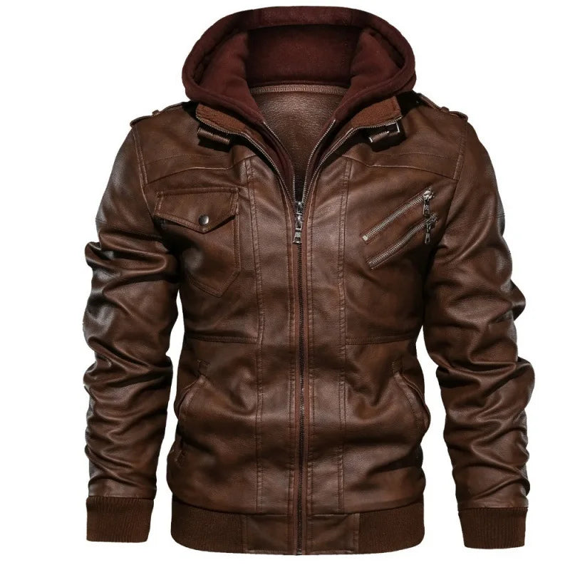Giacca Da Moto In Finta Pelle Marrone Per Uomo Con Cappuccio Rimovibile In PU Apparway EU Taglia Alta Qualità