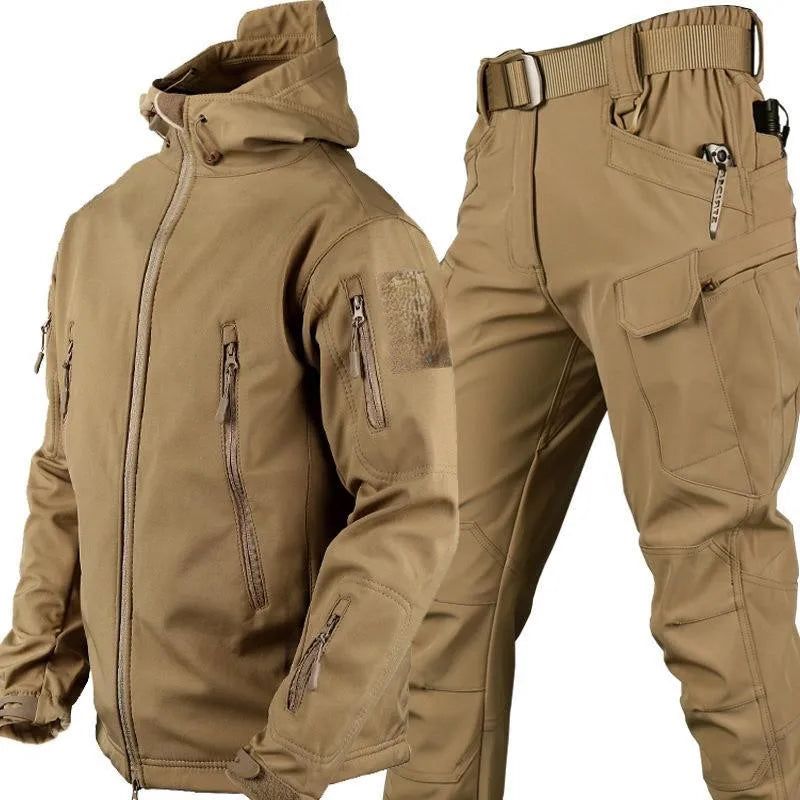 Completo Tattico Mimetico Uomo Giacca Impermeabile Con Cappuccio Zip Pantaloni Softshell Militari Tuta Invernale Pile
