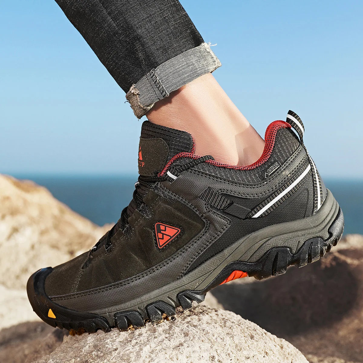 Hikeup Scarpe Trekking Uomo Pelle Alta Qualità Durevoli Esterni Suola Gomma Impermeabile