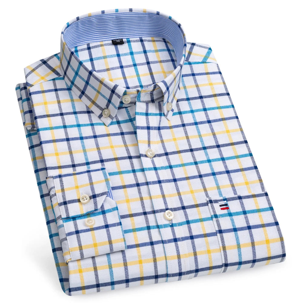 Camicia Da Uomo Oxford Abbottonata Maniche Lunghe In Cotone Al 100 Percento Con Tasca A Quadri Piccoli Stile Casual
