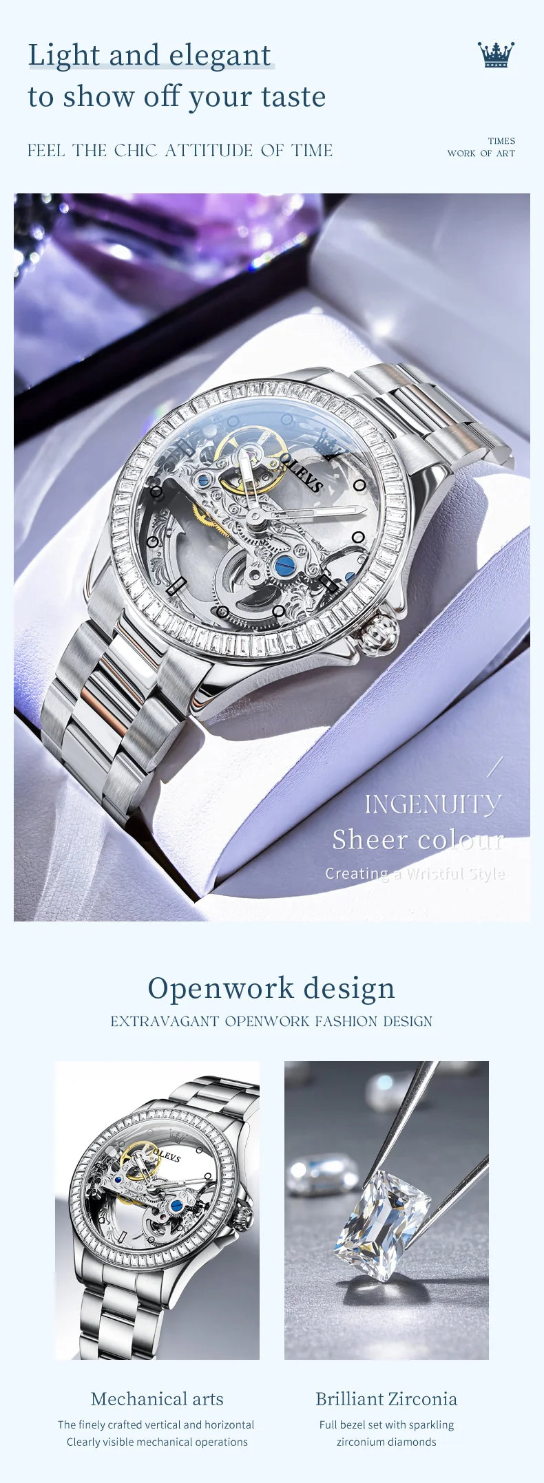 OLEVS 6699 Orologio Meccanico Da Donna Con Lunetta Diamanti Lusso Automatico Di Marca