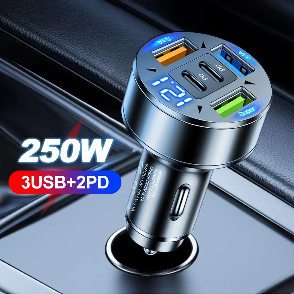 Caricabatteria Auto Kebidumei 250 W a 5 Porte Ricarica Rapida PD QC3.0 USB C per IPhone Samsung Huawei Xiaomi