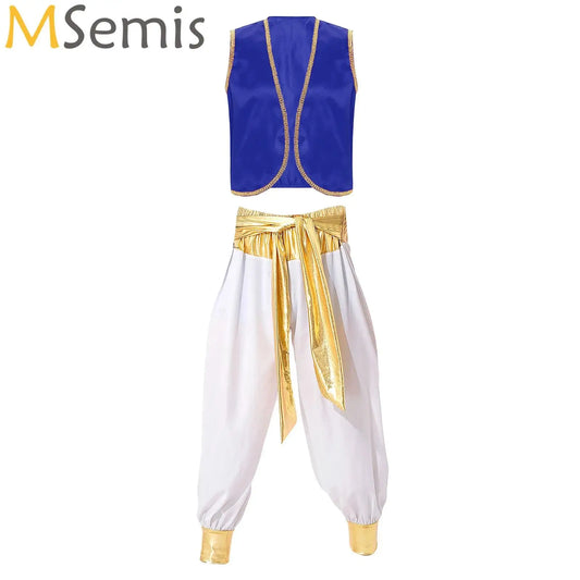 Costume Fantasy Myth Prince Aladin per adulti Gilet senza maniche e pantaloni Abito da palcoscenico per feste a tema Halloween Cosplay