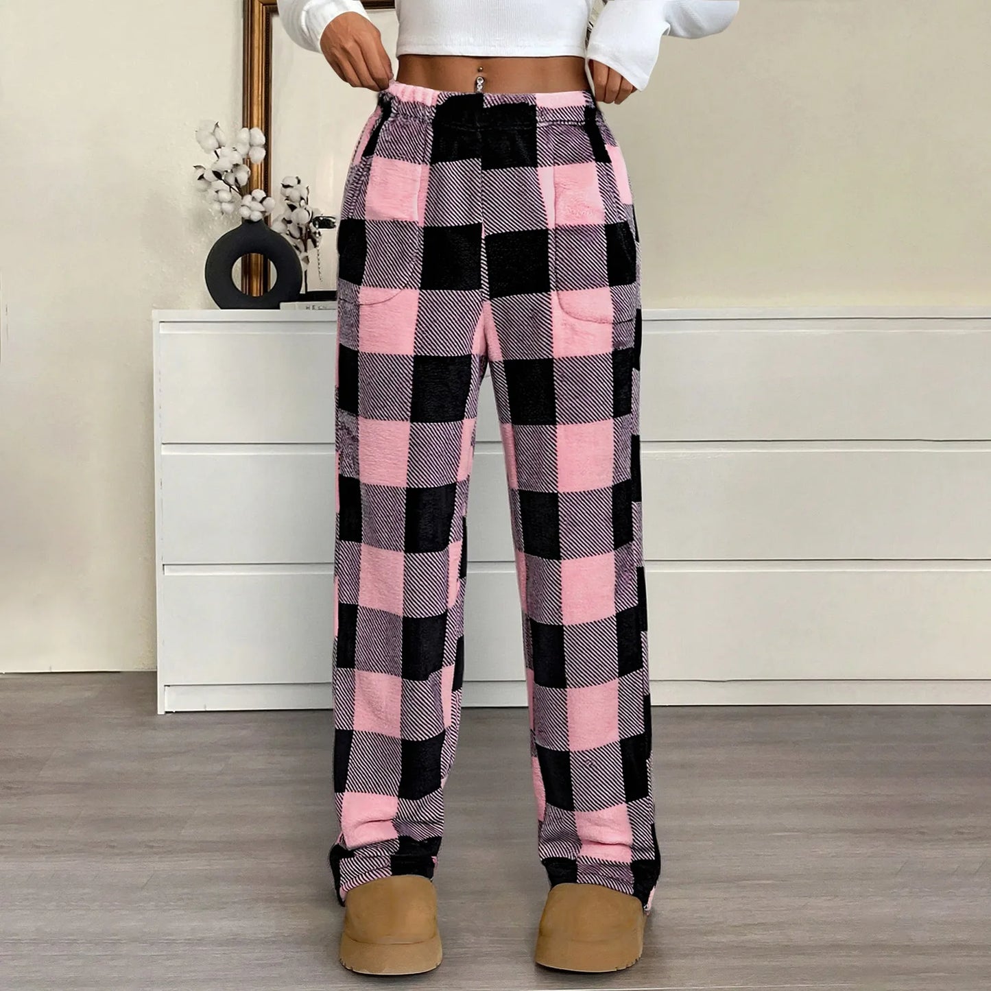 Pantaloni Del Pigiama Da Donna Con Vita Elastica E Scozzesi In Pile Morbidi Con Tasche Peluche