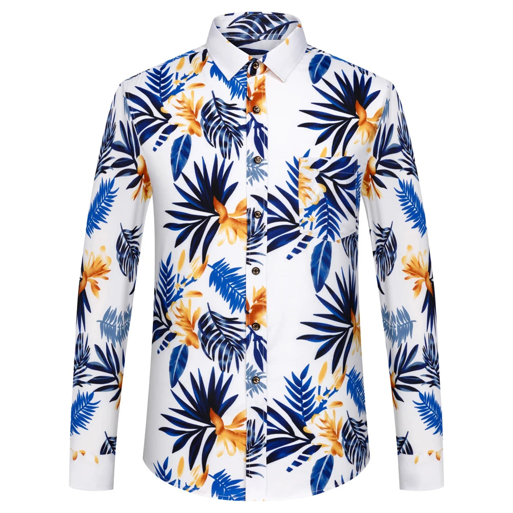 Camicia Da Uomo Maniche Lunghe Stampa Color Block Elasticizzata Con Bottoni Per Vacanze Estive In Spiaggia