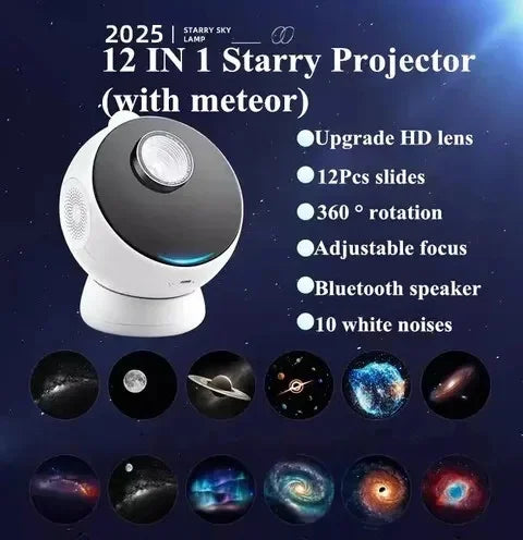 Meteor Dinamico 12 in 1 Lampada Proiettore Galaxy Ultra Trasparente Rotante con Lettore Musicale Regalo per Bambini