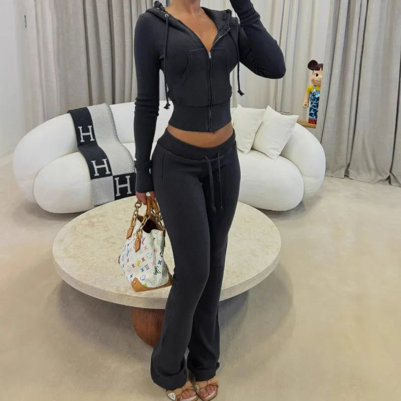 Outfit Da Donna Tre Pezzi Abito Casual Con Spalline Spazzolate E Contrasti Cardigan Con Cappuccio Pantaloni Svasati