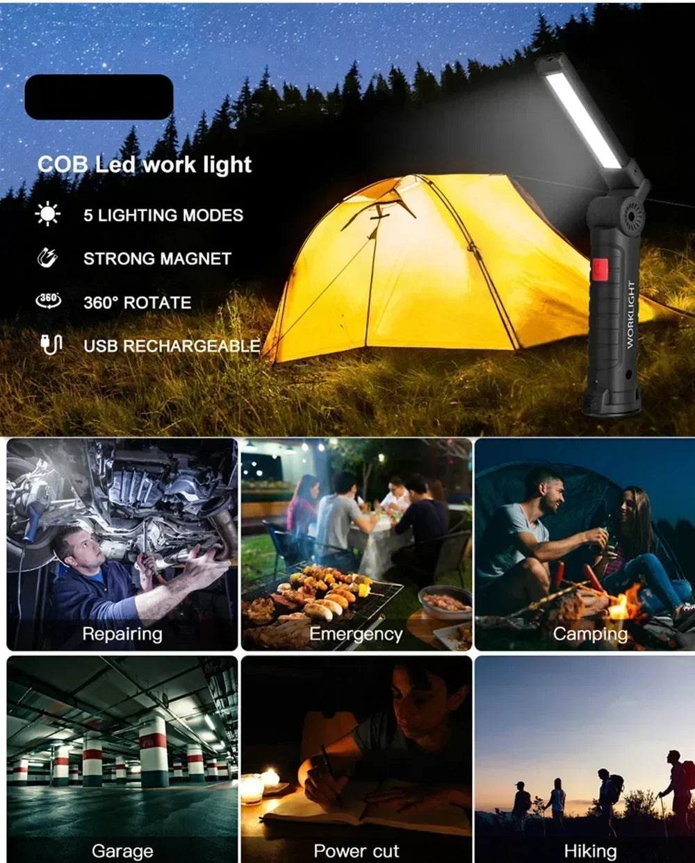 Torcia Portatile A LED COB Ricaricabile USB Lanterna Magnetica Con Batteria Incorporata Per Campeggio E Lavoro