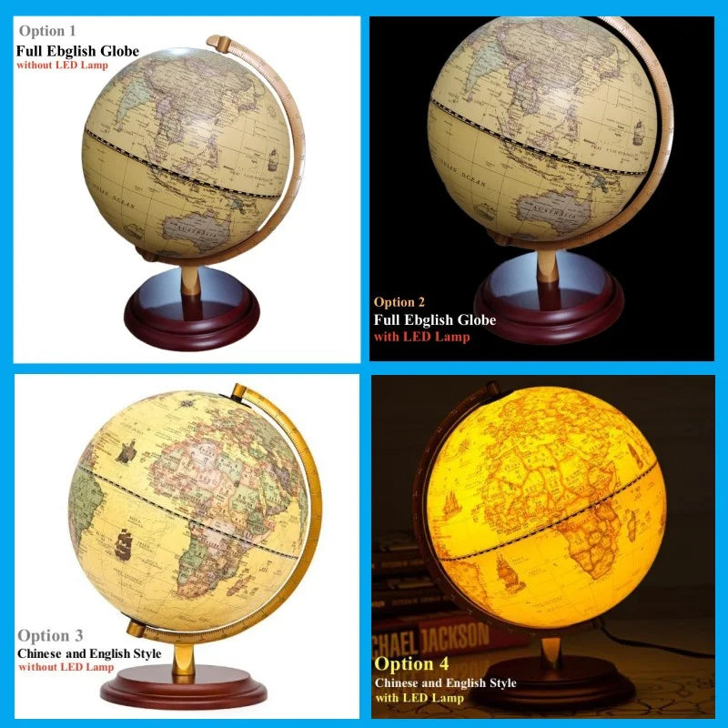 Globo Terrestre 20cm LED Con Base In Legno Di Sequoia Globo Del Mondo Inglese E Cinese HD Stampato 360 Gradi
