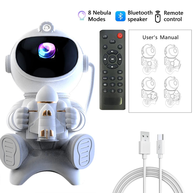 Proiettore galassia astronauta Proiettore luce notturna stella e luna Timer remoto Bluetooth 360 ° Angolo regolabile per regalo per bambini in camera da letto