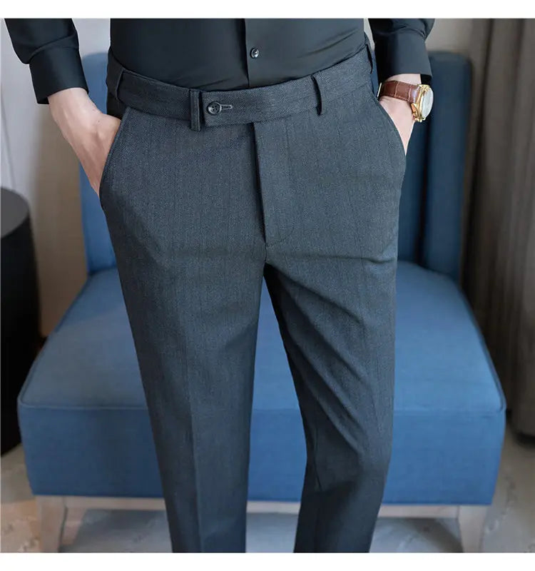 Pantaloni Da Abito Inverno In Lana Spessa Con Vita Elastica Gessati E Tinta Unita Per Uomo