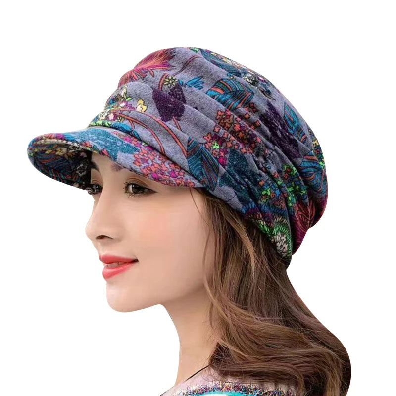 Berretto Da Donna In Cashmere Con Visiera Corta E Paraorecchie Pieghevole Stampa Floreale Ethnica Per Autunno Inverno