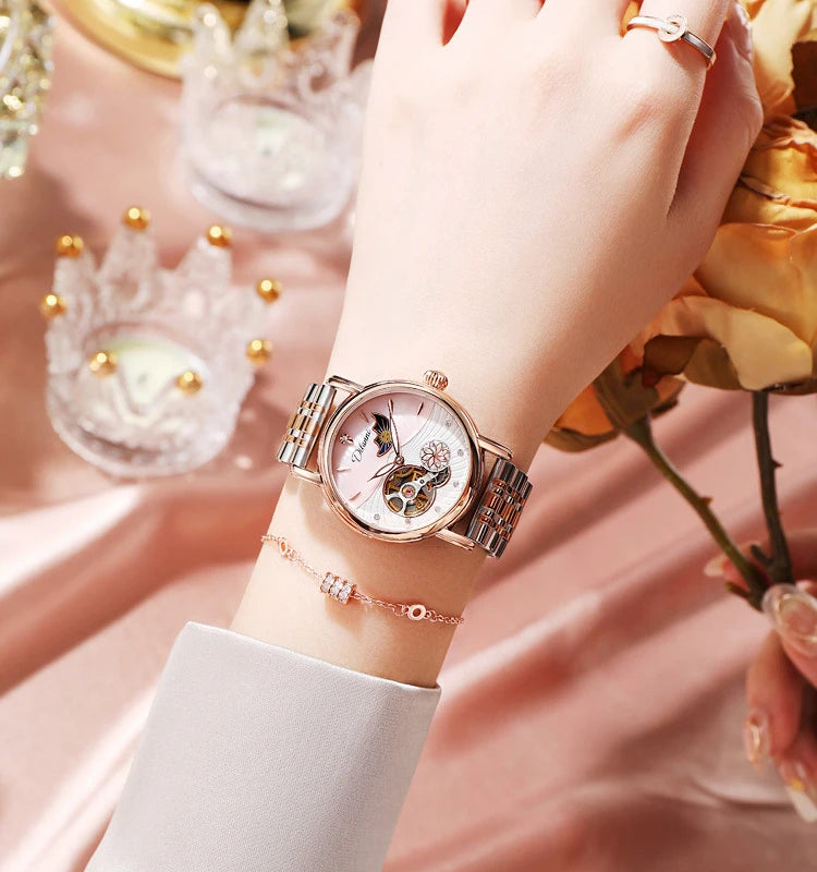 Orologio Da Donna Automatico Impermeabile Con Fasi Lunari E Fiori Girevoli Lusso Di Marca Pregiata