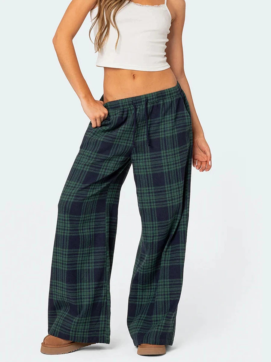 Pantaloni Oversize da Donna Y2K da Salotto Casual Quadri di Moda Elastici Vita Alta con Tasche Pigiama Homewear