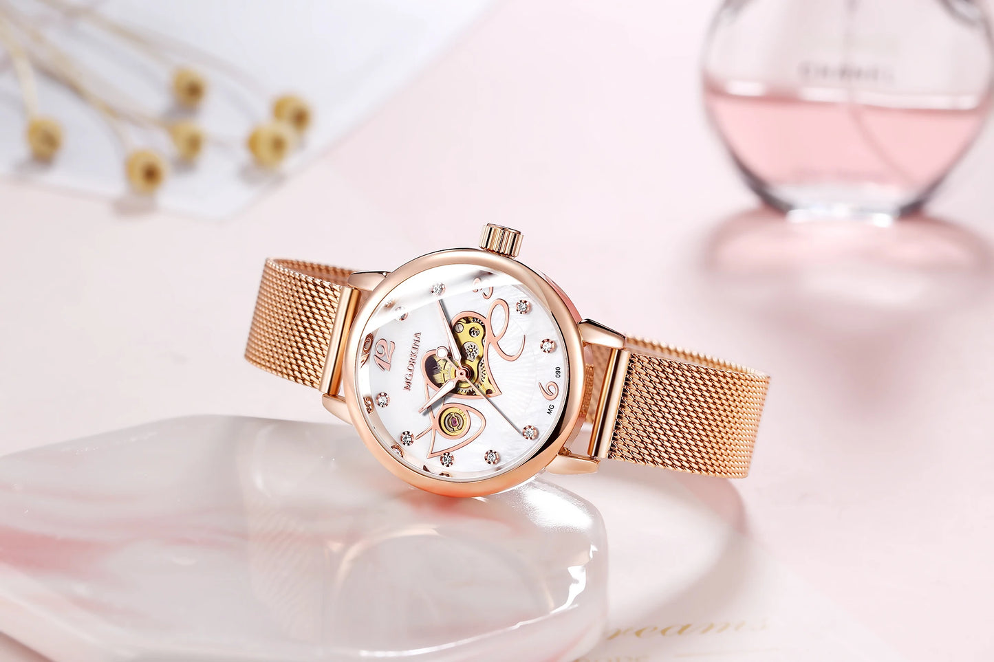 Orologio Meccanico Automatico Da Donna Orkina Classico Scheletrato Lusso Cinturino In Acciaio Inossidabile E Pelle