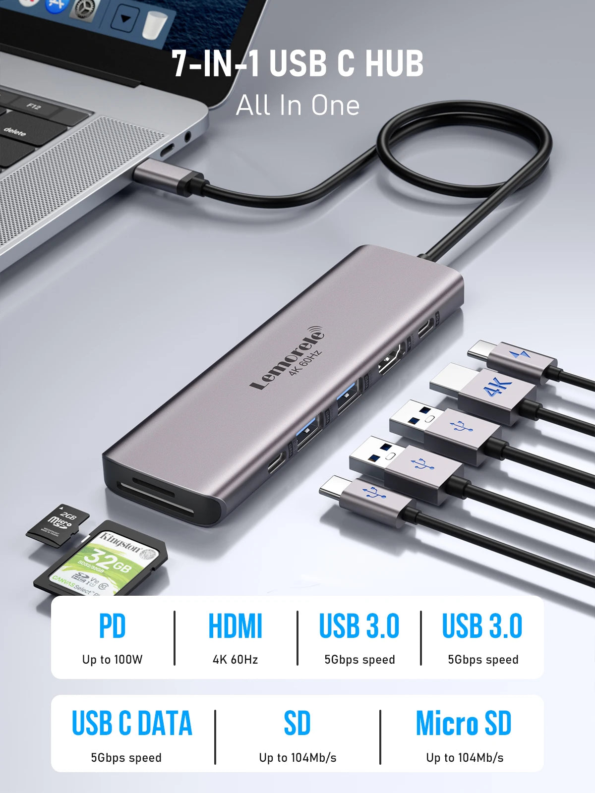 Lemorele Dock USB C 7in1 Hub HDMI 4K 60Hz USB 3.0 PD 100W Carica Per MacBook Pro Laptop